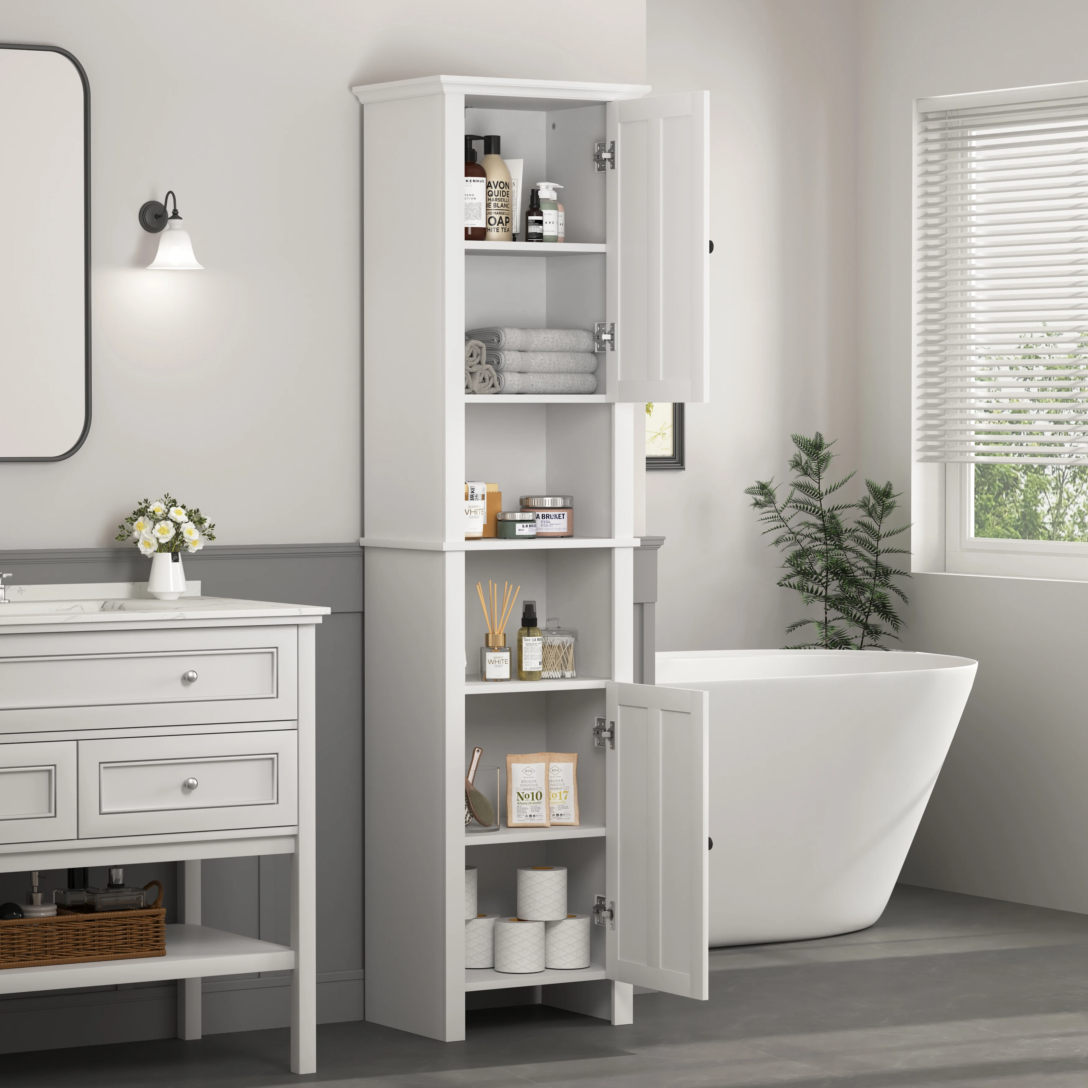 Modern Style 6- Shelf Wooden Bathroom Floor Storage Cabinet 2-Door Living Room Furniture 15.75 X 11.81 X 66.93 Inch For Bedrooms