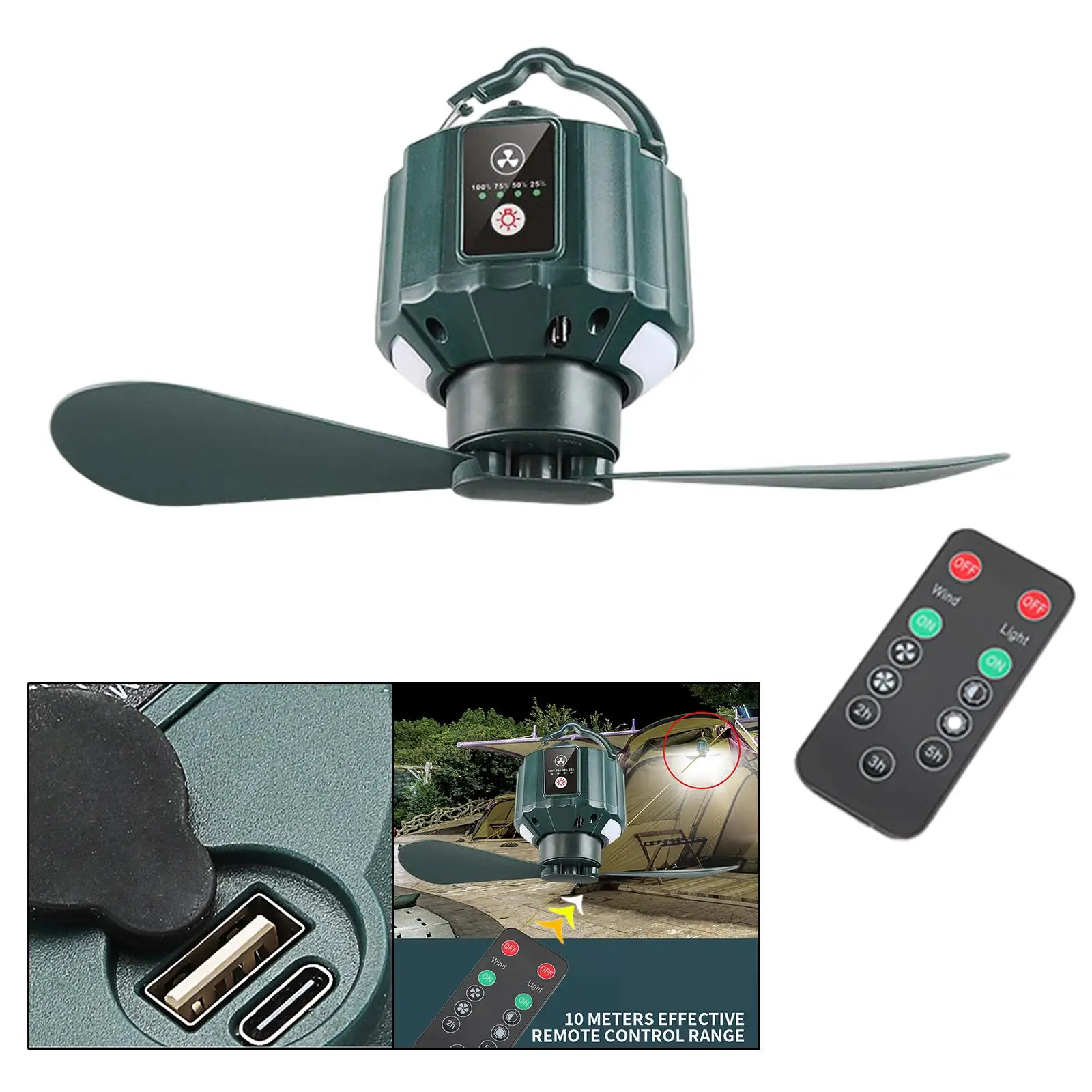 

Портативный вентилятор для кемпинга со встроенным фонарем, съемный, с дистанционным управлением, 3 скорости