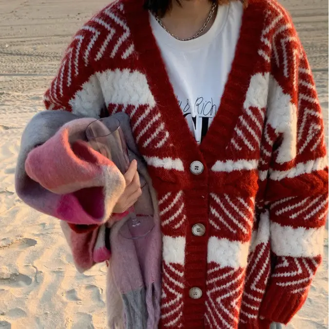 

Cardigans for Women 2023 V-Neck Loose Christmas Vintage Striped Patchwork Sweater Autumn Winter Korean Women's Oversize Sweater