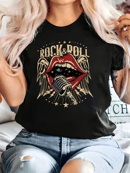 Women'S Vintage Rock Roll Microphone Mouth Graphic Tee - Casual Crew Neck Short Sleeve T-Shirt Summer Fashion Allseason Top 1