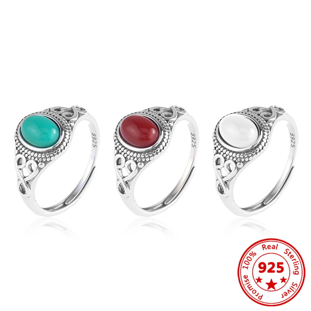 

925 Sterling Silver Hetian Jade South Red Agate Turquoise Ring Adjustable Fashion Retro For Woman Charm Jewelry Festivals Gift