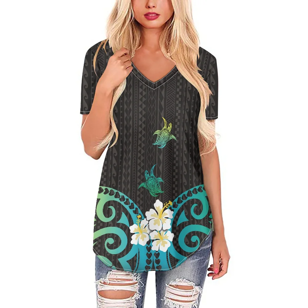 HYCOOL Sexy V-Neck Summer Short Sleeve Women Tshirt For Leggings Polynesian Tribal Loose Fit Casual Tops & Blouses Hibiscus Prin