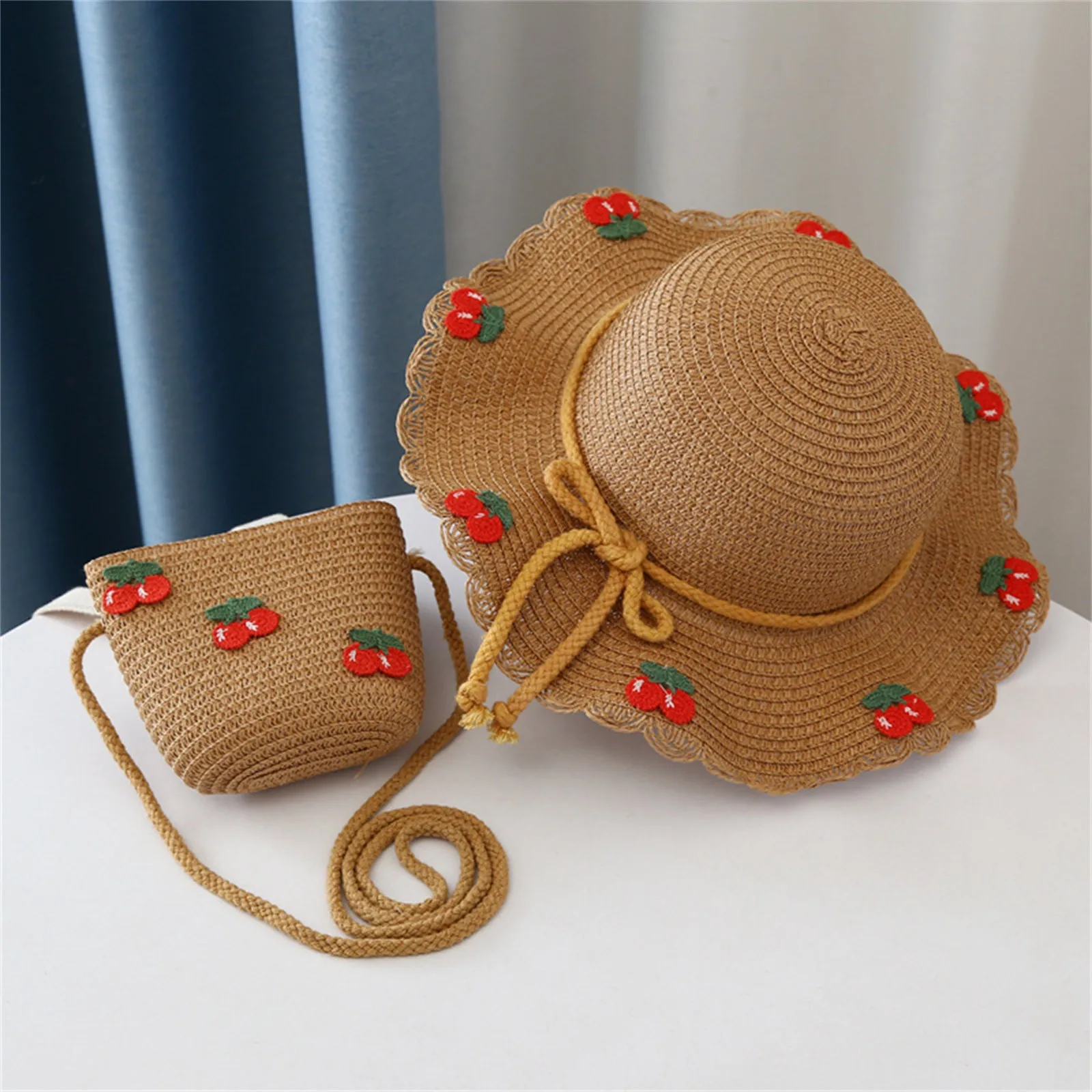 Wild Stocking Hat Hat Bag Set Woven Wide Straw Hats Girls Kids Sun Hats Summer Beach Straw Woven Pocket бейсболка детская