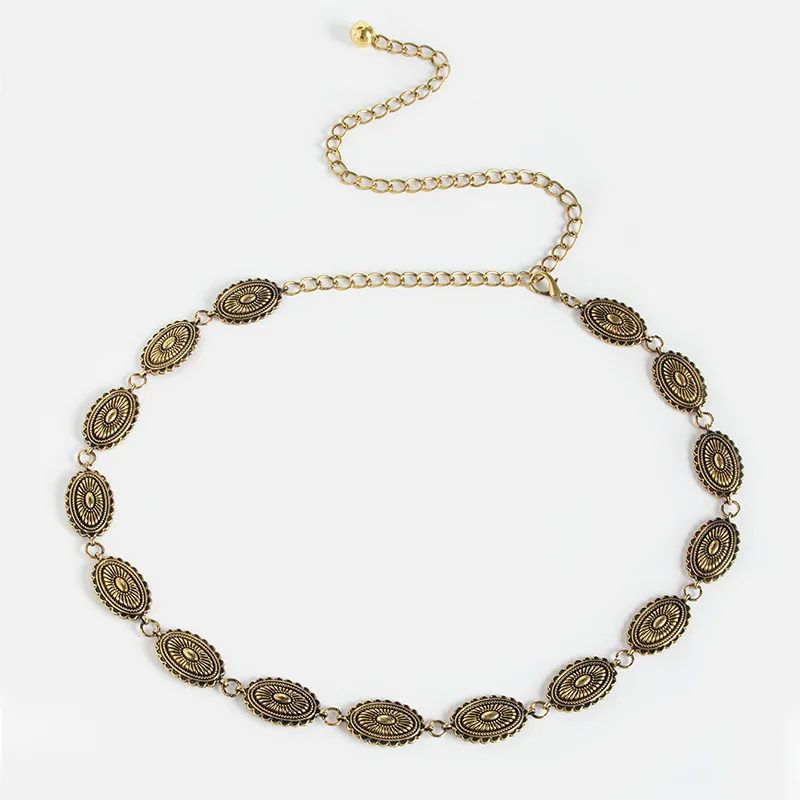 TEXTURED OVAL CHAIN BELT WAIST CHAIN for Dresses Jeans Gold Metal