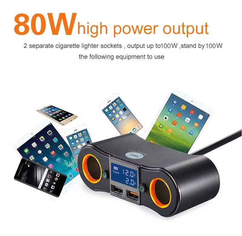 

2 USB Cigarette Lighter Socket Splitter Adapter Car Charger 12V-24V 80W 3.5A Power Charger for iPhone Xiaomi Independent Switch