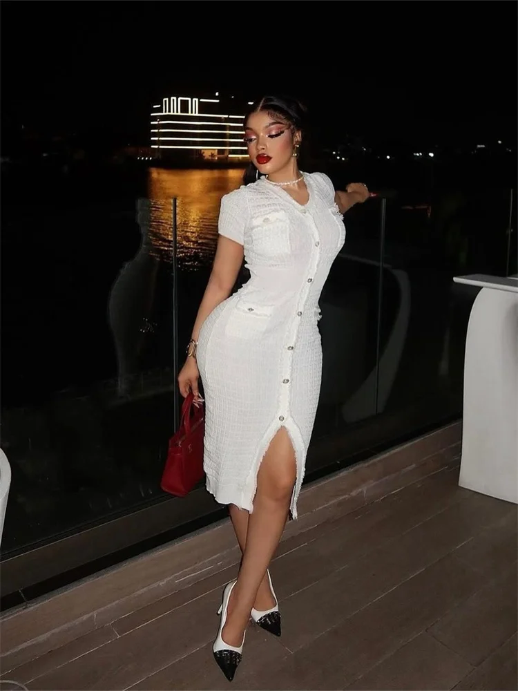 Wmstar Women Dresses Wholesale Summer Short Sleeved, Waist Cinching V-neck Knitted Dress Women's Volleyball Button Elegant Dress