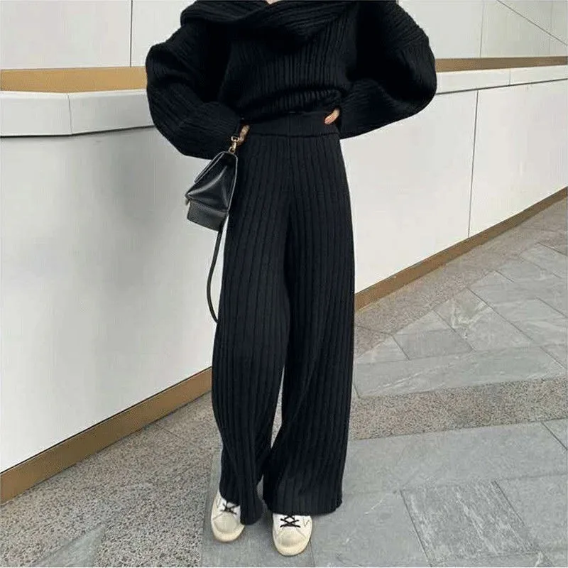 Pants Women Knitted Wide Leg Trouser Fashion Ulzzang High Street Mopping Elegant Cozy Elastic Waist New Spring Autumn Korean Ins capri sweatpants