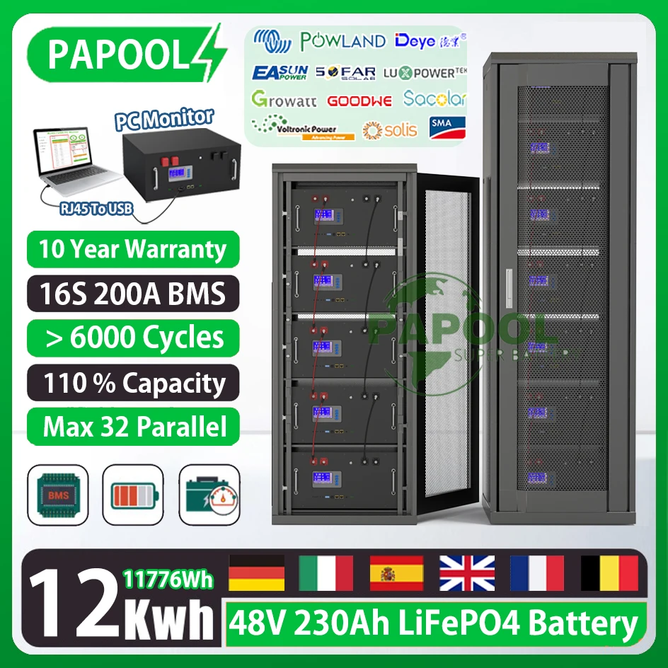

LiFePO4 48V 230Ah 12Kwh Battery Pack 6000+ Cycles 51.2V 200Ah 100Ah 16S BMS RS485 CAN Max 32 Parallel PC EU Stock NO TAX