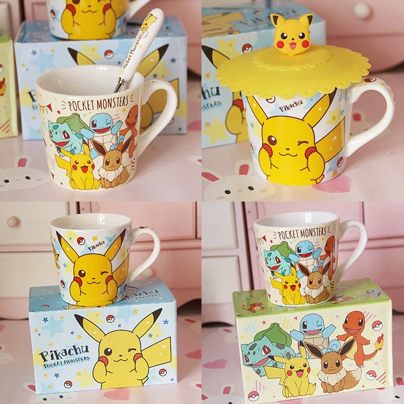 Pokemon Pikachu Cartoon Ceramic Coffee Cup Mug Home Breakfast Milk Water Cup Creative Cute Children Gift Cup Spoon Coaster