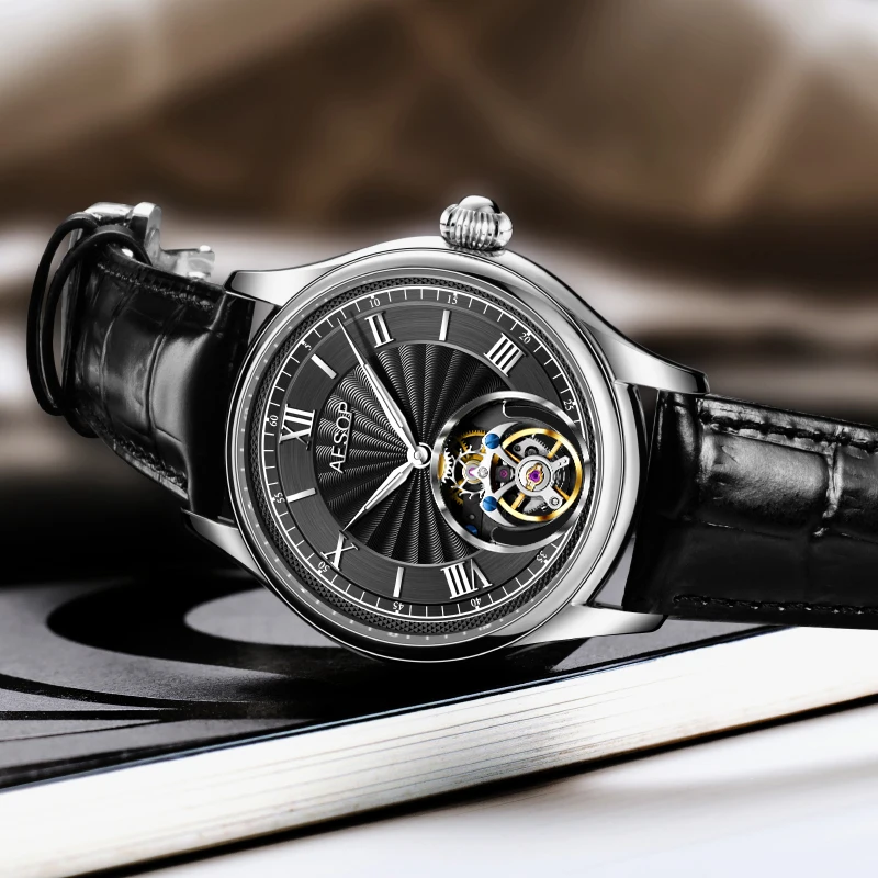 AESOP Real Tourbillon Mechanical Watches Limited Edition Luxury Men Manual Winding Movement Leather/Stainless Steel Wristwatches