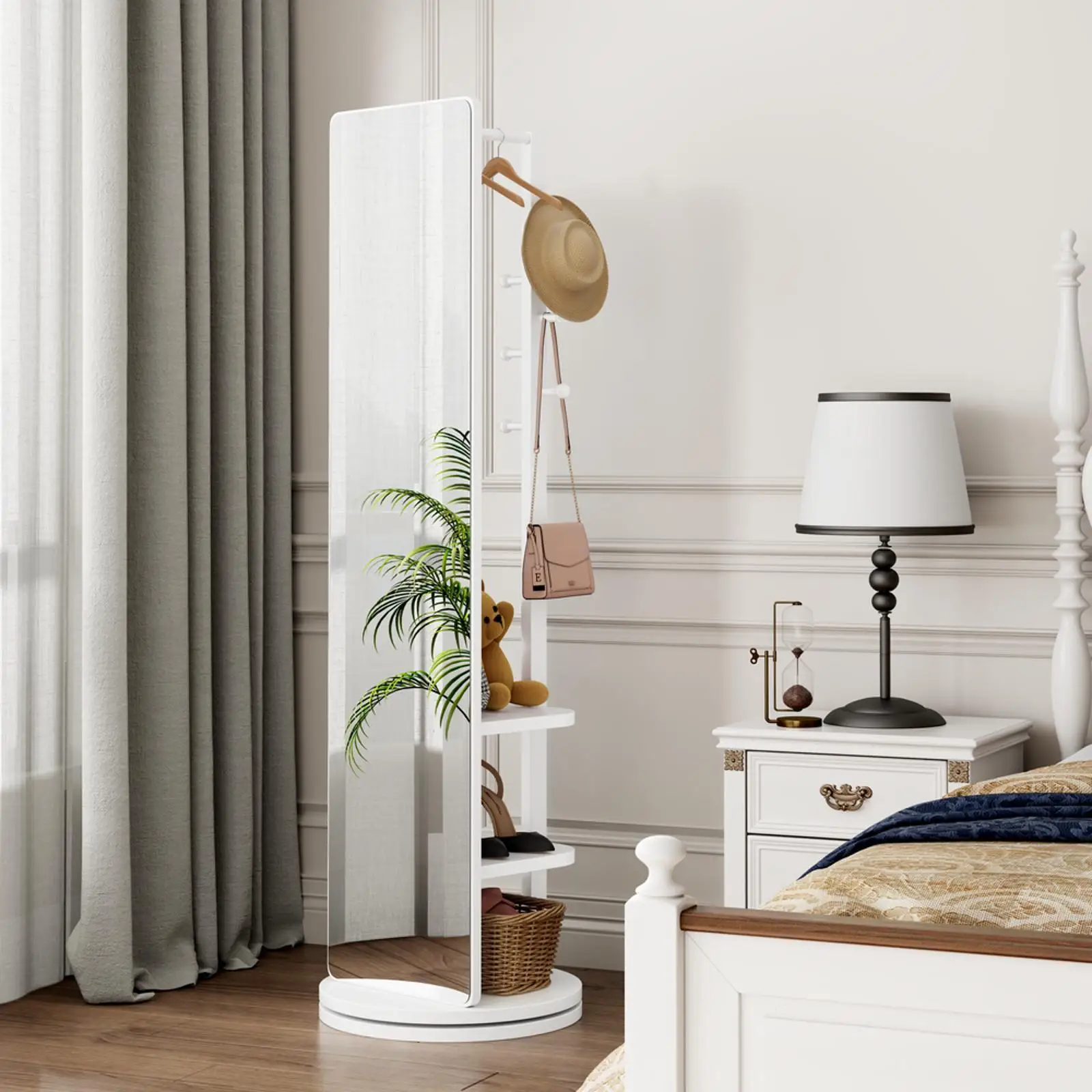 Multifunctional Rotating Full Body Mirror Storage Rack Solid Wood Standing Coat Rack Mirror for Bedroom Living Room Home Gym