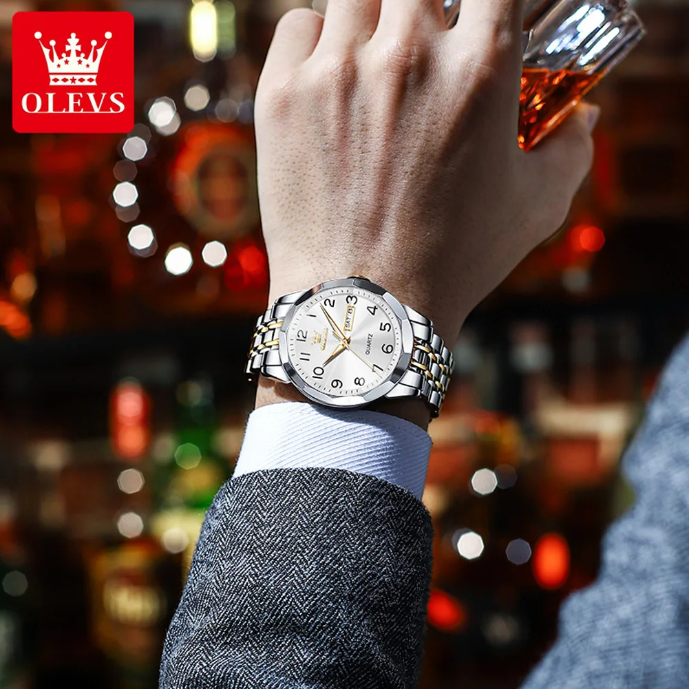OLEVS Men's Watches Rhombus Mirror Dual Calendar Wristwatch Luxury Stainless Steel Business Quartz Watches for Men Reloj Hombre
