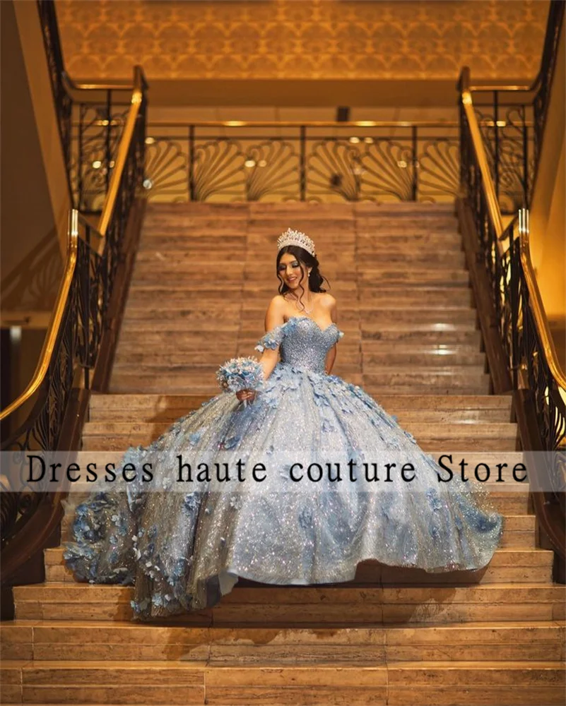 New Arrivals Blue Lace Ball Gown Quinceanera Dress 2024 With 3D Flower Beaded Sweetheart Sweet 16 Dress Lace-up Vestido 15 Años