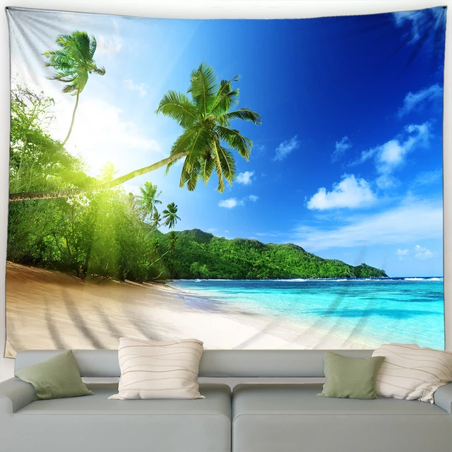 Tapiz de paisaje Hawaiano, Isla de cocoteros, paisaje oceánico, Alfombra de  playa para el hogar, sala de estar, dormitorio, decoración de jardín,  colgante de pared - AliExpress