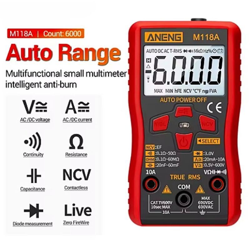High-Precision M118A Digital Mini Multimeter Tester with NCV Data Hold 6000counts Auto Mmultimetro True Rms Tranistor Meter