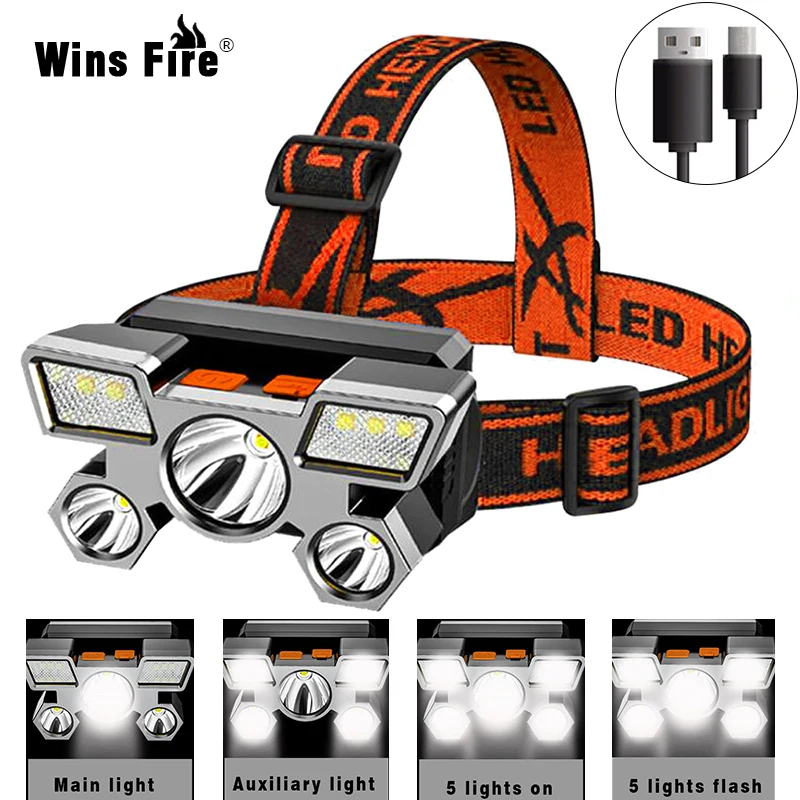 Яркий переносной налобный фонарь из АБС-пластика 5 светодиодов USB-зарядка