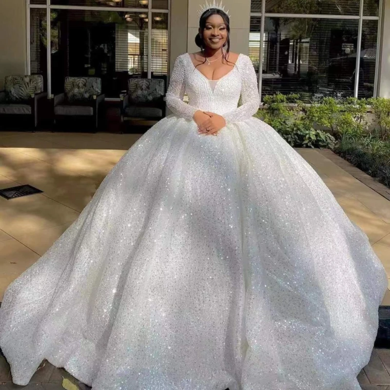 

2024 Charming V-neck Wedding Dress Long Sleeve Sequin Lace Pearls Ball Gown vestidos de novia Bride Dresses For Women Bridal