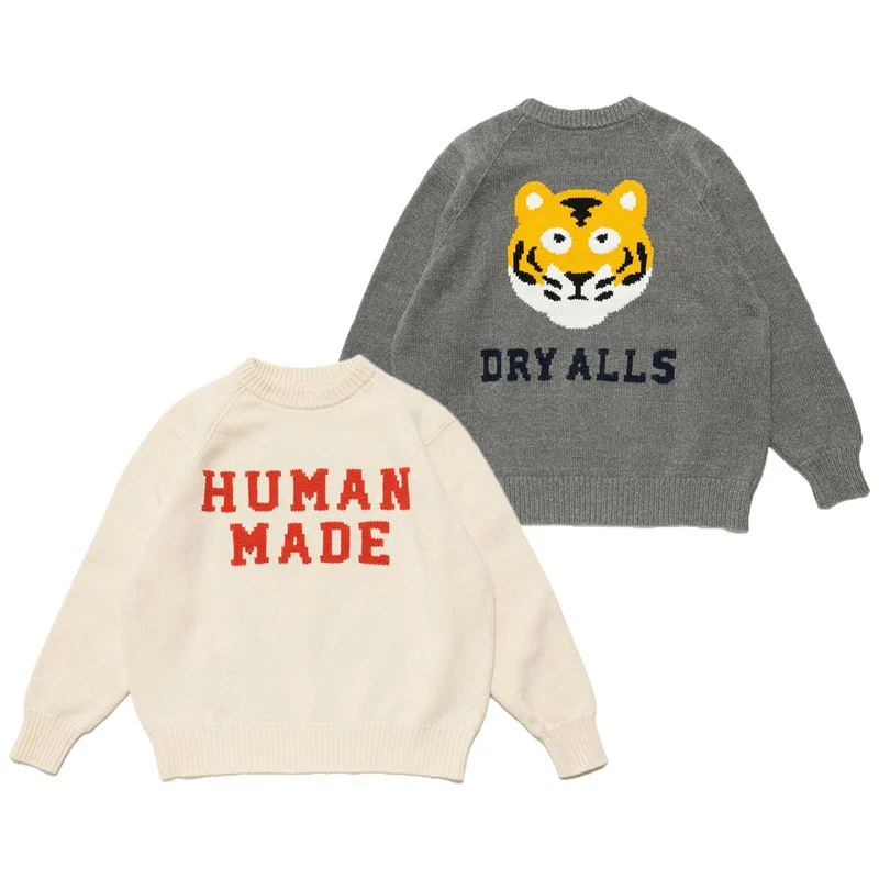 HUMAN MADE Cartoon Tiger Head Letter Fallow Baggy Round Neck Wool Knit  Sweater Pullover For Men And Women