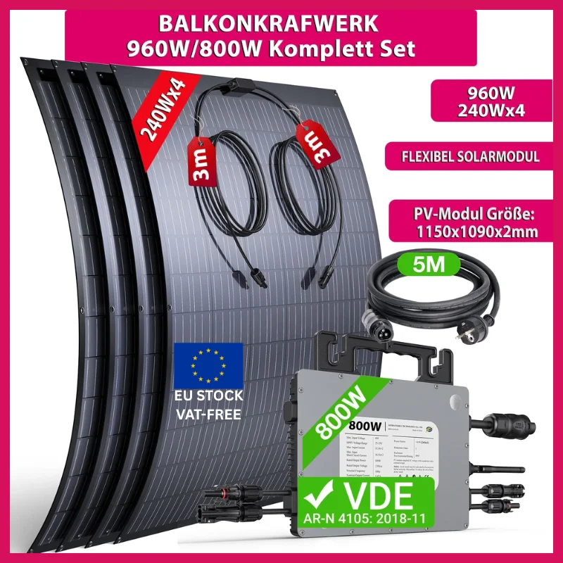 960W Solar System with 4 x 240W Panels + 800W Micro Inverter | Easy DIY Installation, Ideal for Balconies, RVs, Small Homes 1 960W Solar System with 4 x 240W Panels + 800W Micro Inverter | Easy DIY Installation, Ideal for Balconies, RVs, Small Homes 1