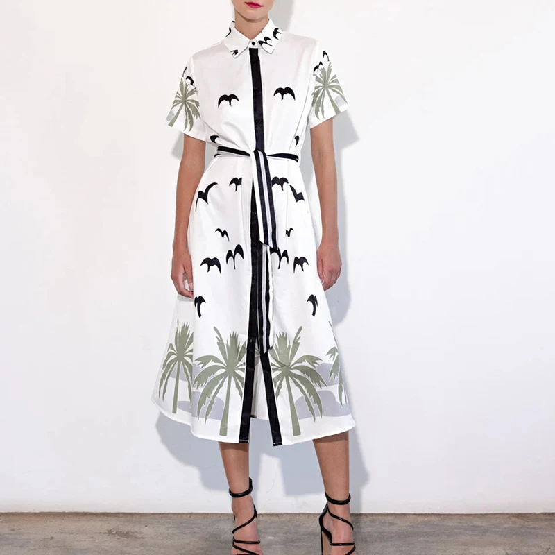 

Fashion Lapel Button Lace-up Shirt Dress Women Elegant Pattern Print Waist Long Dress 2024 Casual Short Sleeve Loose Party Dress