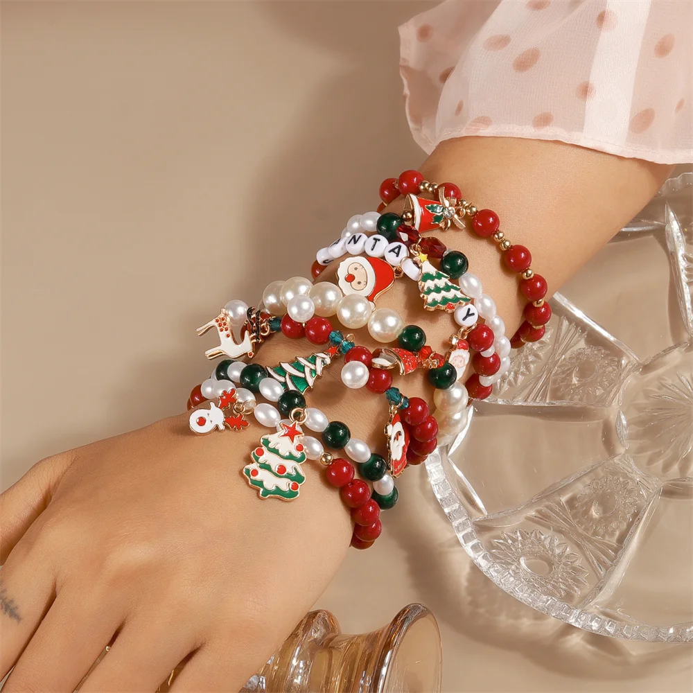 Aihua Neue Weihnachten Armbänder für Frauen Mädchen Perle Perlen Santa Claus Deer Glocke Weihnachtsbaum Armband Charme Armreif Schmuck Geschenk – Detail 1