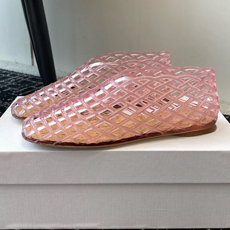 Summer Fashion Plastic Jellies Single Shoes Women Woven Mesh Ballet Flats Sandals Round Toe Transparent Hollow Design Beach Shoe