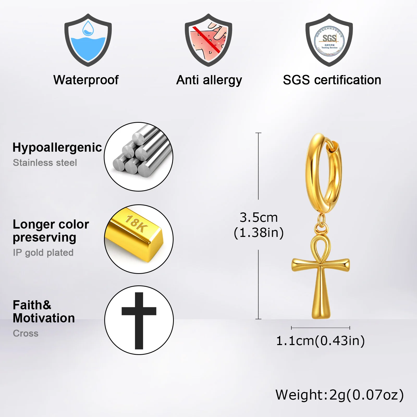 Vnox Punk Ancient Egyptian Ankh Cross Earrings for Men, Stainless