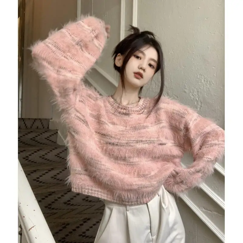 

Winter New Fashion Faux Fur Sweater Women Keep Warm Thickened O-Neck Striped Pullovers Loose Short Long Sleeve Female Tops B05