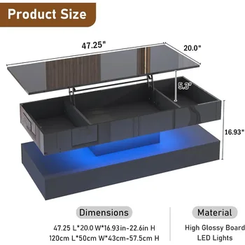 47.2 Large Lift Top Coffee TableModern High Glossy LED Coffee Tables for Living Room with Storage Black Living Room Tables for 2