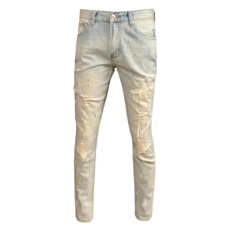 Spring thin light blue spray paint distressed MEN'S jeans fashion trendy elastic slim fit patch straight leg casual denim pants