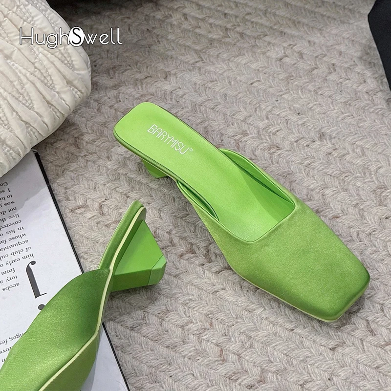 Luxury Green Satin Silk Mule Slides Woman Brand Design Triangle Heel Sandals Ladies Elegant Square Toe Evening Party Dress Shoes