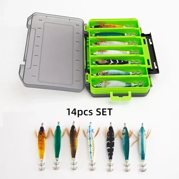 14-Pcs Luminous Wooden Shrimp Lure Set – 3D Eye Squid, Octopus & Cuttlefish Hard Baits for Saltwater Fishing 1