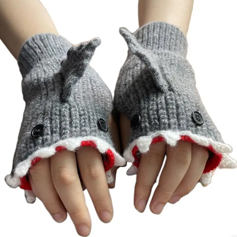 Knitted Gloves Winter Half Finger Mittens Stretchy Touchscreen Cartoon Shark Gloves for Kids Teens Christmas Presents