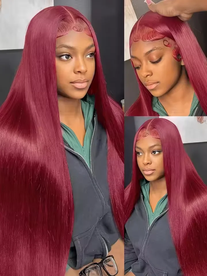 99j Burgundy Lace Front Human Hair Wig 40 Inch 13x6 Straight Lace Frontal Wigs HD Transparent Lace Colored Red Wig For Women