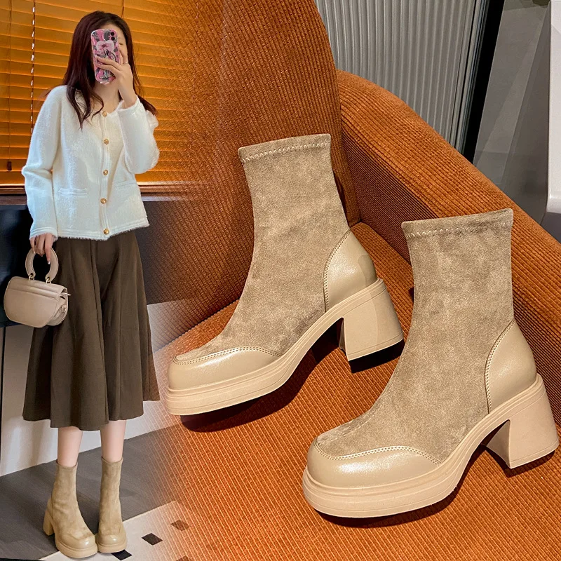 Short Shoes for Woman Black Women's Ankle Boots Sock Footwear Combat Booties Very High Heels Suede Punk Style Heeled Autumn Boot