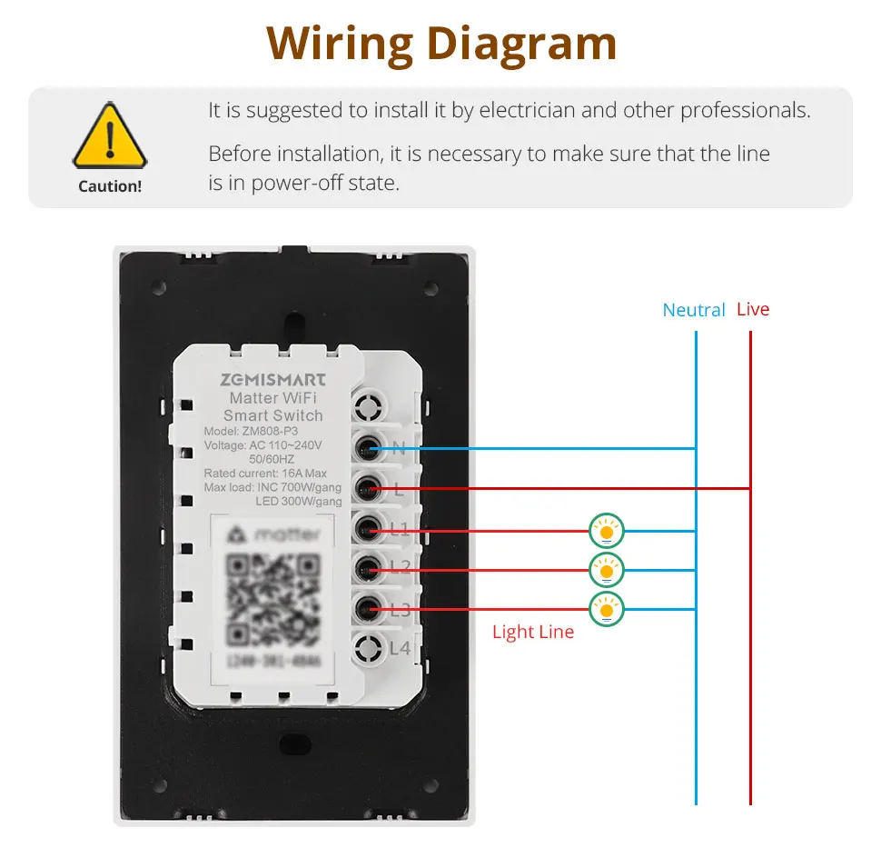 Matter WiFi Smart Wall Light Switch 1 2 3 4 Gangs Flame-retardant PC Material Pa