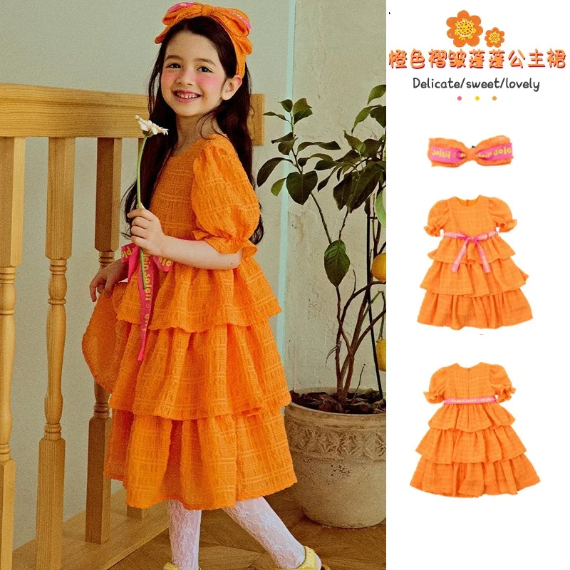 Girls' Dresses 2023 Summer New Orange Bubble Sleeve Children's Dresses Fashion Cute Girls