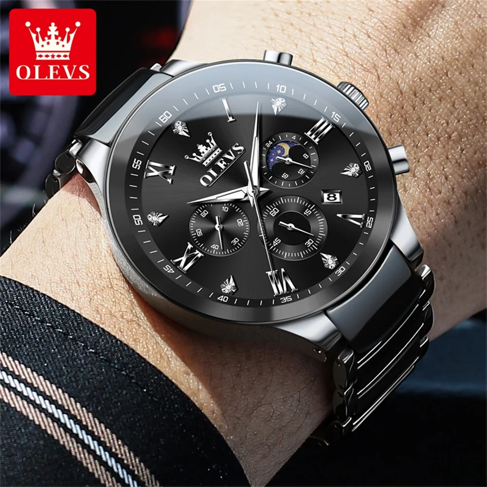 OLEVS 7004 Men's Watches Ceramic Band Chronograph Date Luminous Waterproof Luxury Quartz Watch Man TOP Brand Men Wristwatch Gift
