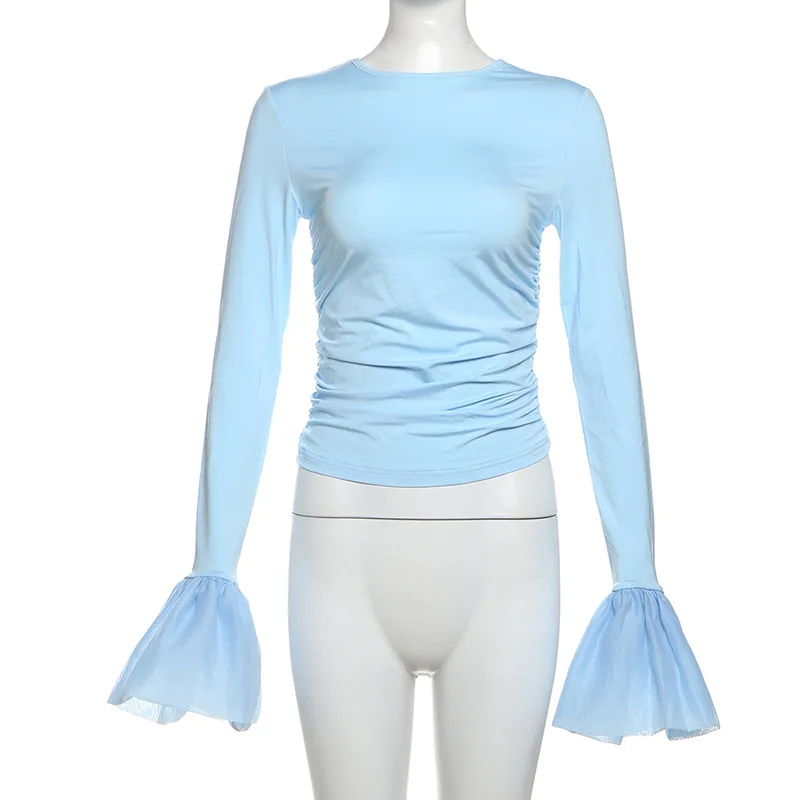 Mesh Ruffled Patchwork T-shirt Top For Women Long Sleeve High Waist Cropped Top Pullover Streetwear Female Slim Y2k Top