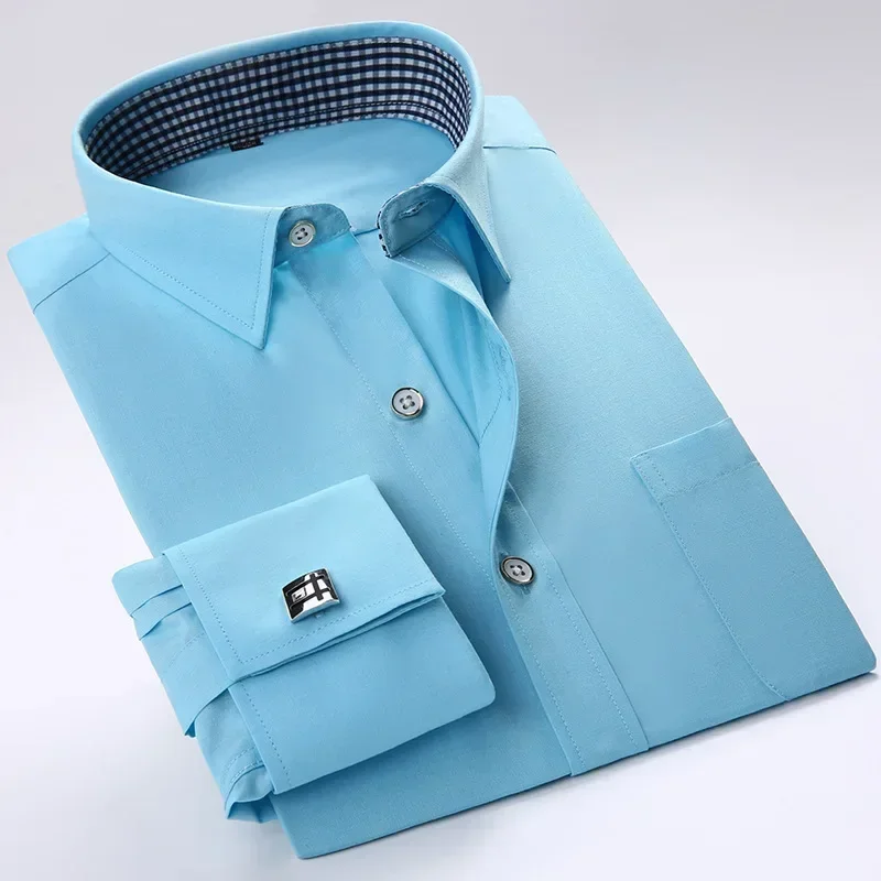 Long Sleeve Shirt French Cufflinks Men's Tuxedo Male Brand Slim Fit White Button Cuff Social Dress