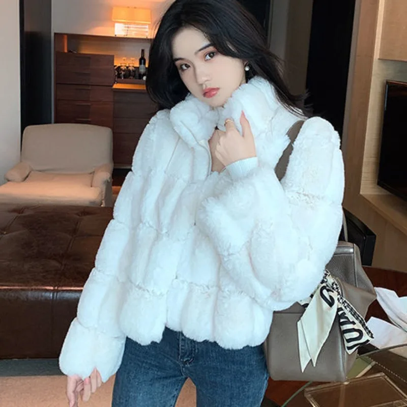 Temperament Plaid Faux Rabbit Fur Coat 2023 Winter New Women Loose Stand Collar Outwear Casual Warm All-match Short Jacket