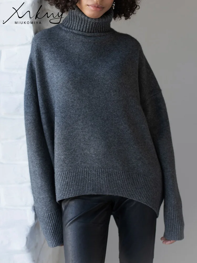 Pull col roulé femme gris foncé épais et chaud - Pullover d'hiver tricoté oversize