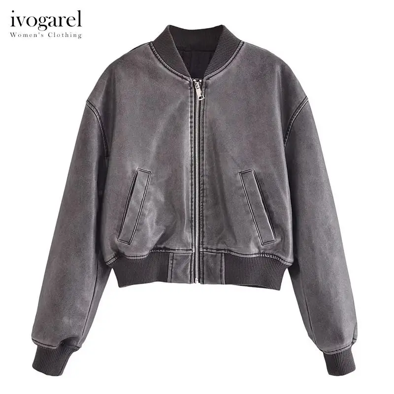 

Ivogarel Worn Effect Leather Effect Bomber Jacket Women's Winter Warm Jacket Coat Long Cuffed Sleeves Round Neckline Outerwear