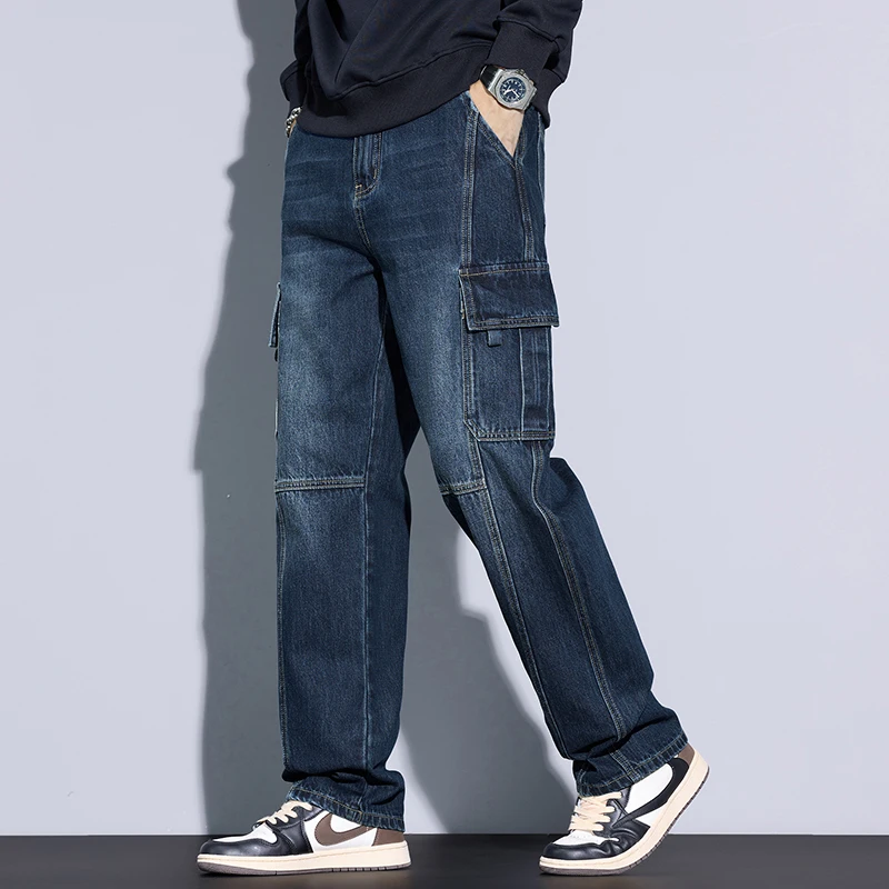 Men's 97% Cotton Straight Cargo Jeans Trendy Multi-pocket Nostalgic Loose Trousers Man American Vintage Fashion Denim Pants 3