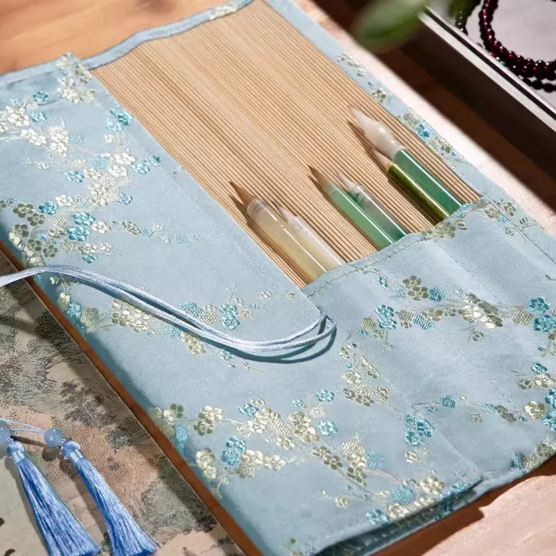 전통 중국 스타일 서예 브러시 홀더 - 잉크 브러시용 수제 펜 롤(7 슬롯) - 그림 및 쓰기 액세서리