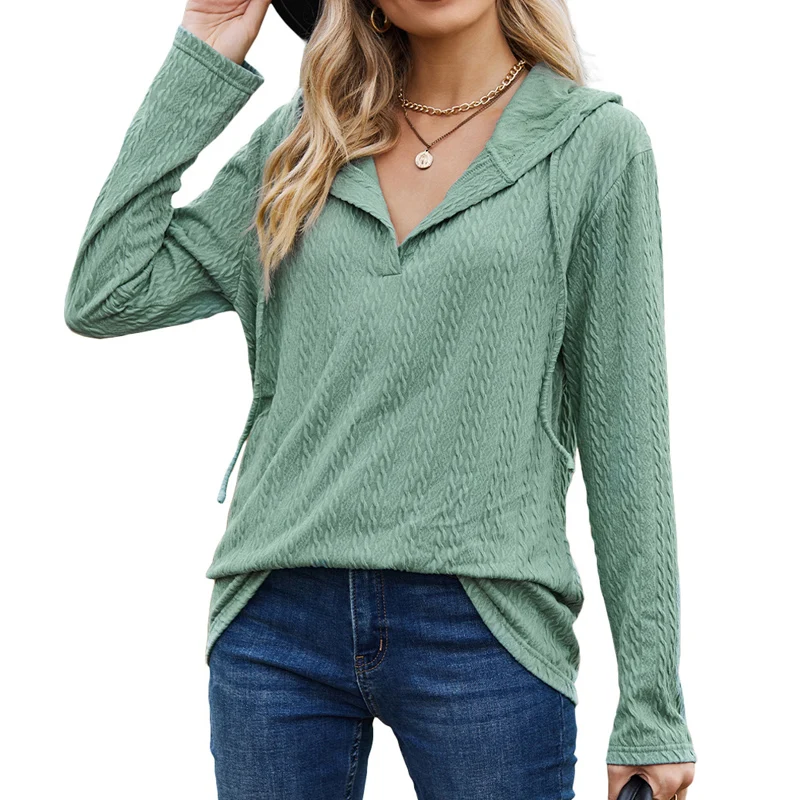 2023 Spring Autumn Solid Color Hooded Drawstring Long Sleeve Sweatshirts Women Casual Loose Jacquard Weave All-match Pullovers