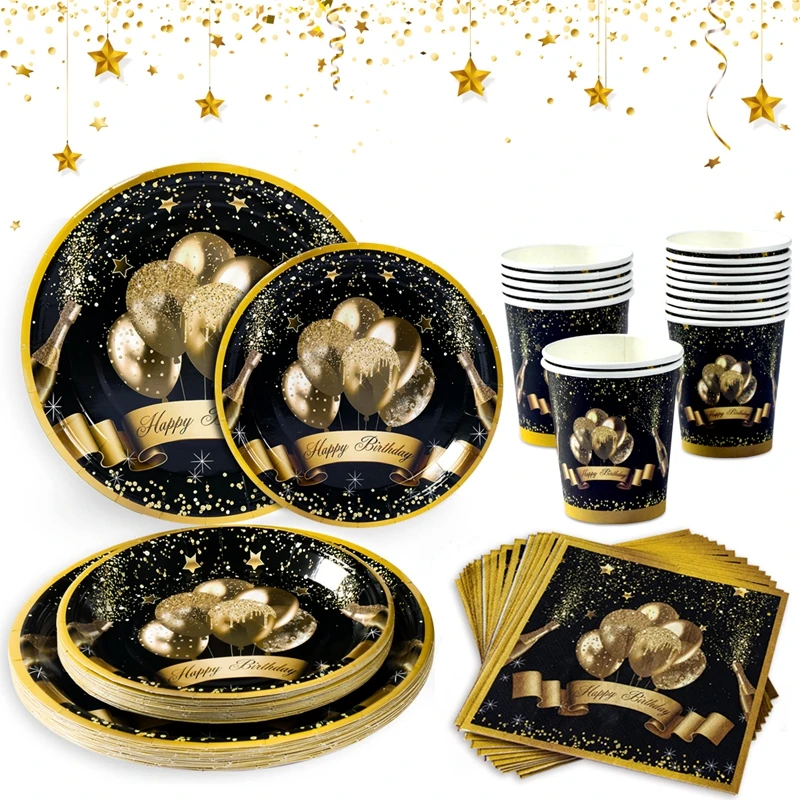 Description Picture 2 of itemBlack gold Party Disposable Tableware Set Paper Cups Plates Straws Cake Stand Table Decoration Adult Birthday Party Supplies