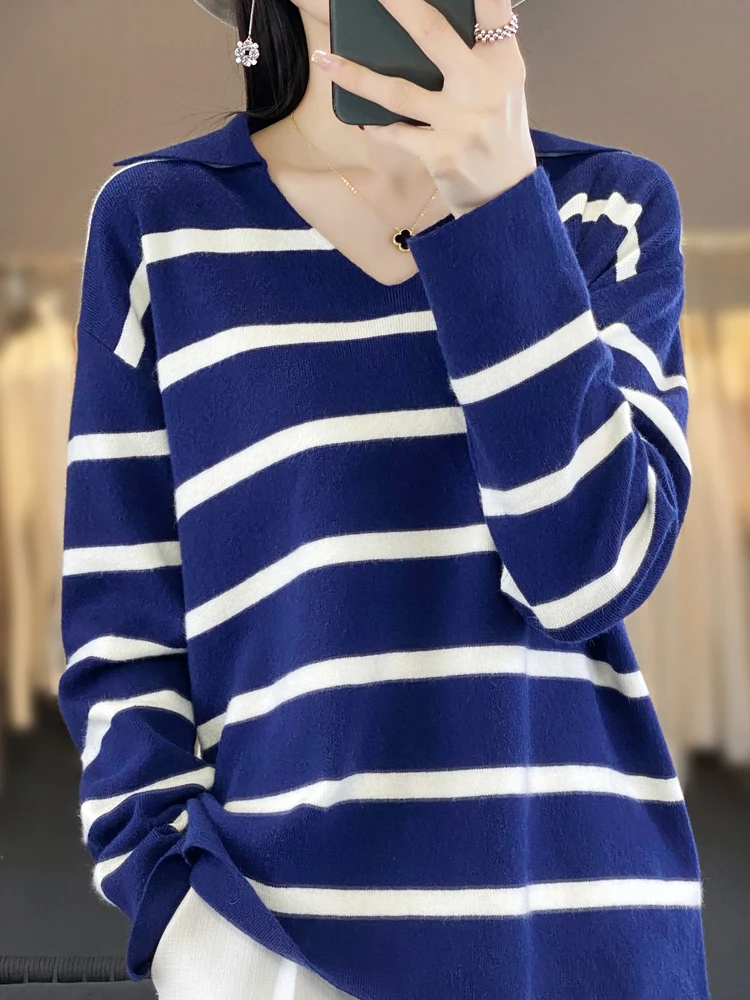 

New Arrivals Merino Wool Women's Sweater Long Sleeve Polo Collar Pullovers High Elasticity Slim Fitting Striped Knitted Jumpers