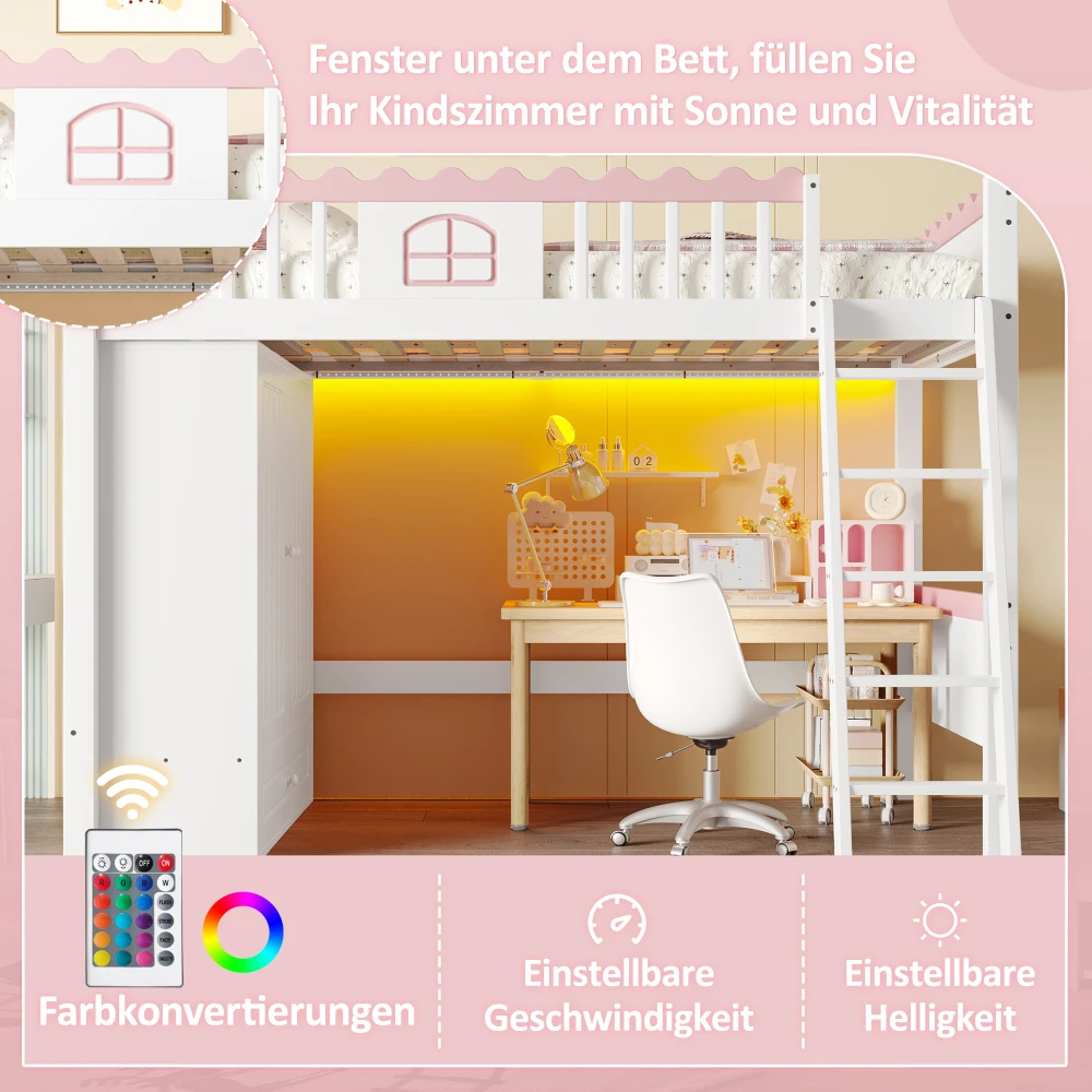 90x200cm modernes Etagenbett, Einzelbett (ohne Matratze), mit LED-Leuchten, mit Kleiderschrank, mit Ablagefach, Kiefernholz, für Schlafzimmer – Detail 6