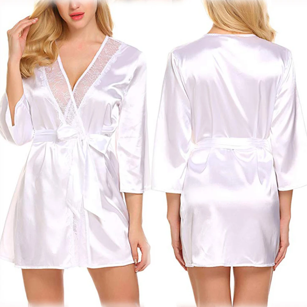 

Women Satin Robes Summer Wrap Dressing Oil Shiny Smoothsleepwear Bathrobe Nightgown Pajamas V Neck Loose Lingerie Solid Dress